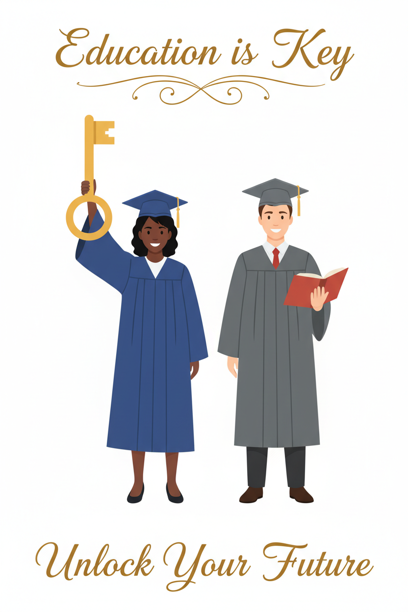 Two graduates in caps and gowns with a key and book, and text 'Education is Key, Unlock Your Future' on a white background.