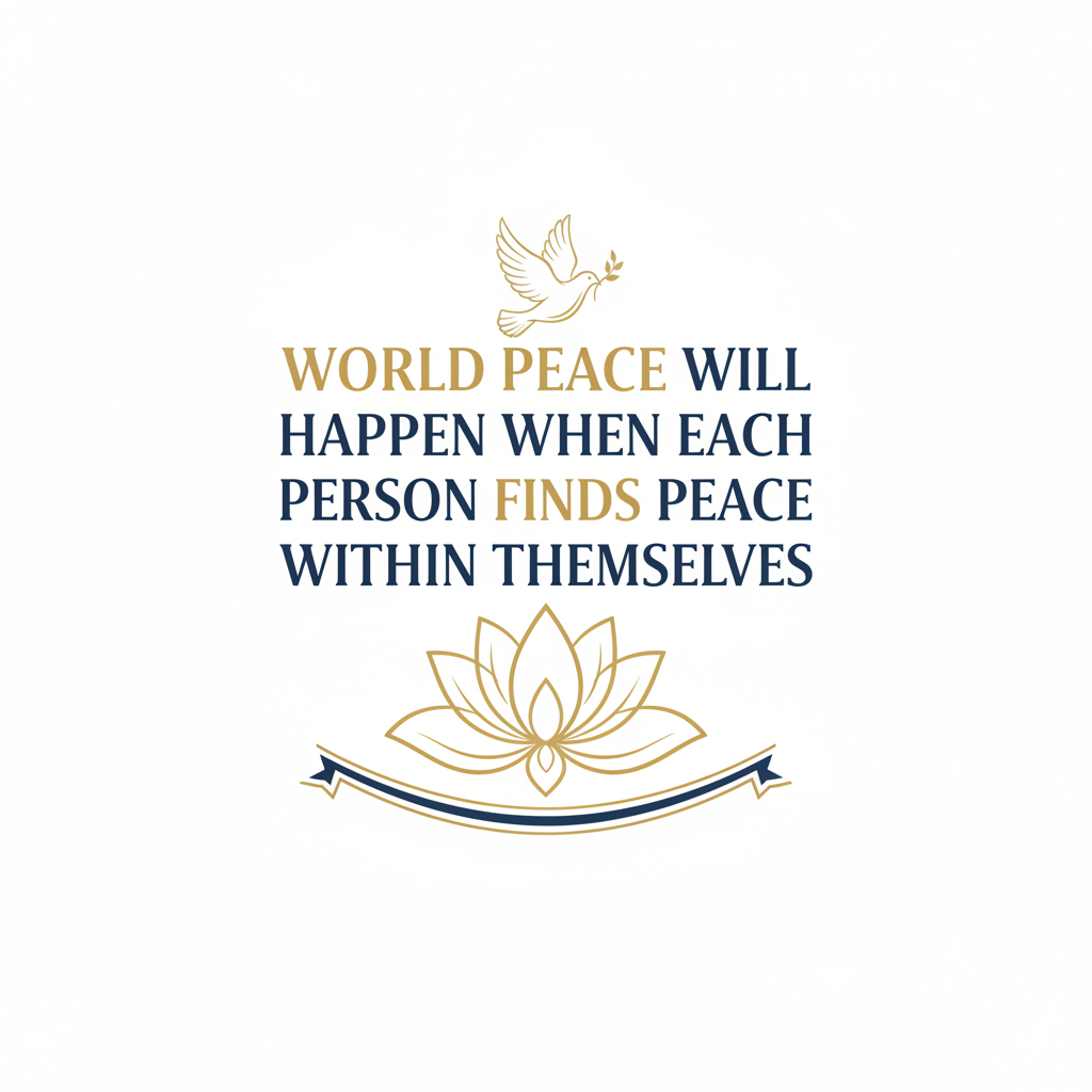 Motivational quote about world peace with a dove and lotus flower on a white background