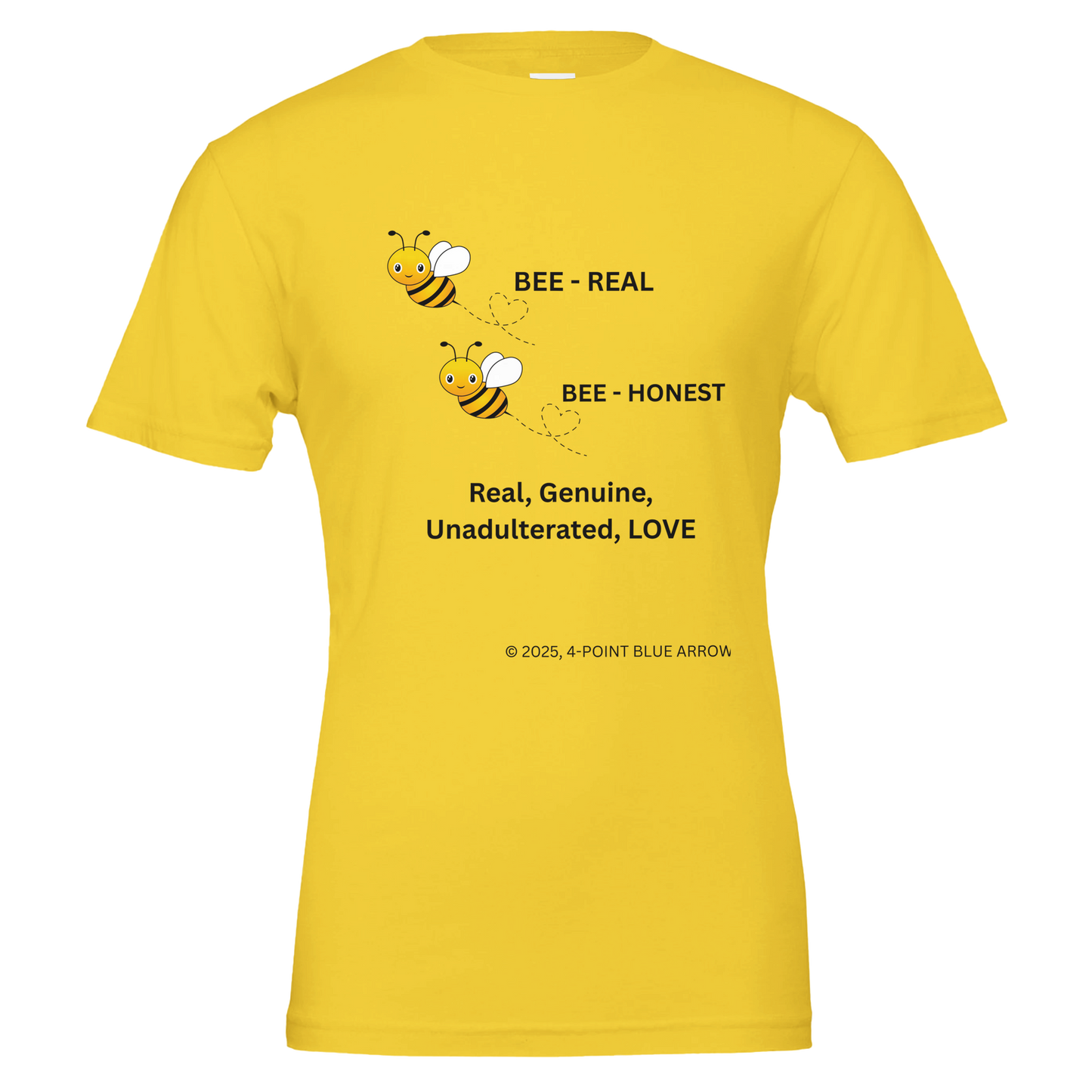 Beautiful Yellow T-Shirt with cute Honeybees, saying Bee-Honest.