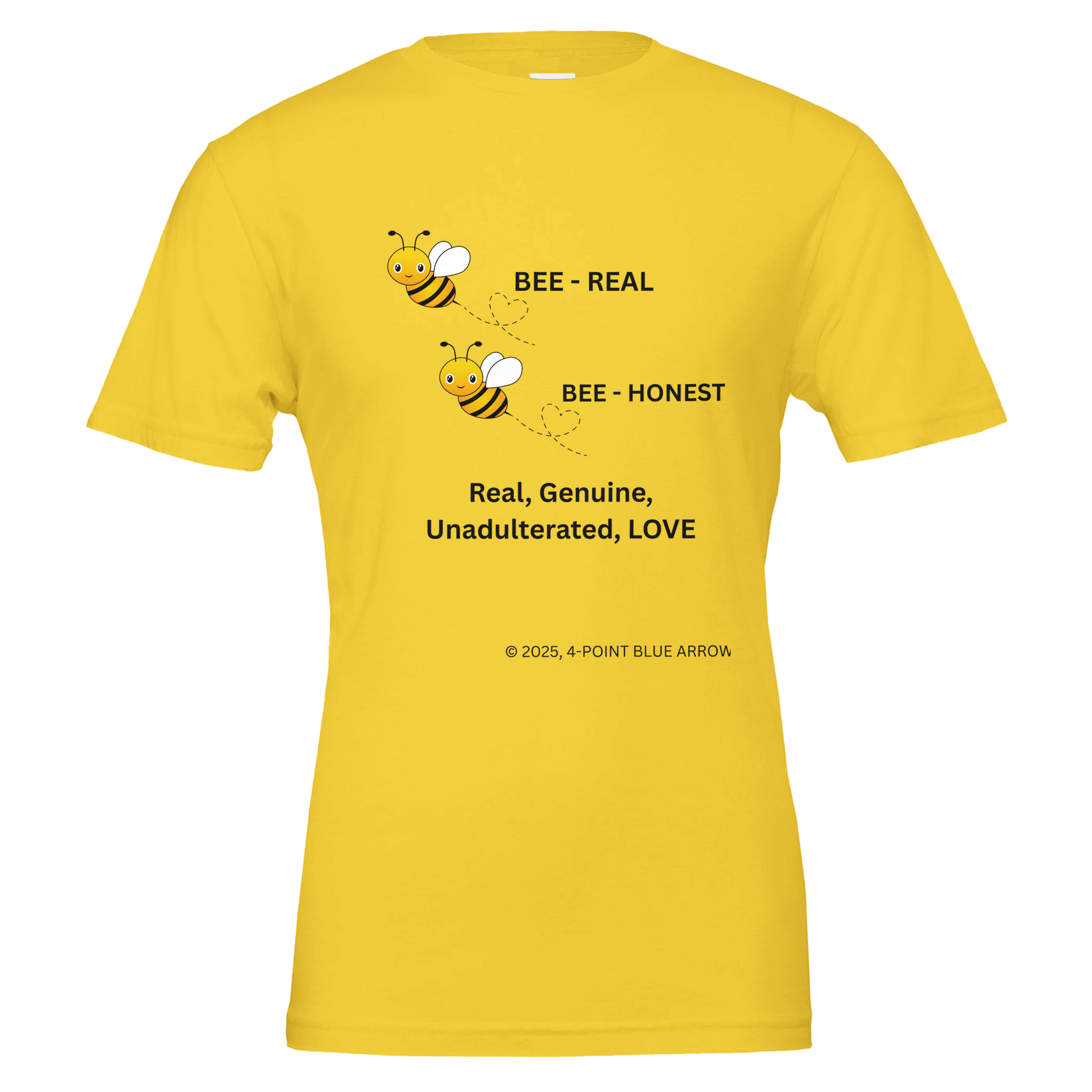Beautiful Yellow T-Shirt with cute Honeybees, saying Bee-Honest.