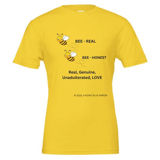 Beautiful Yellow T-Shirt with cute Honeybees, saying Bee-Honest.