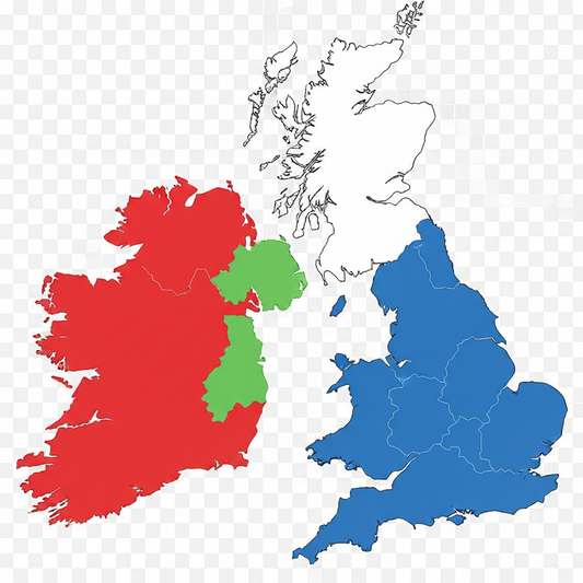 UK map with Ireland in red, Scotland in white, England in cobalt blue