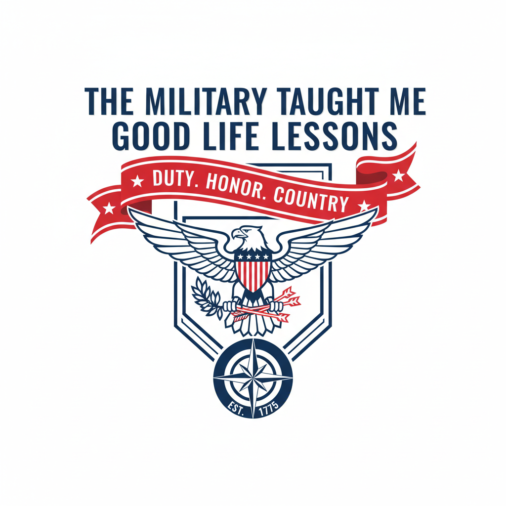 Design with eagle emblem, red banner, and text on a white background