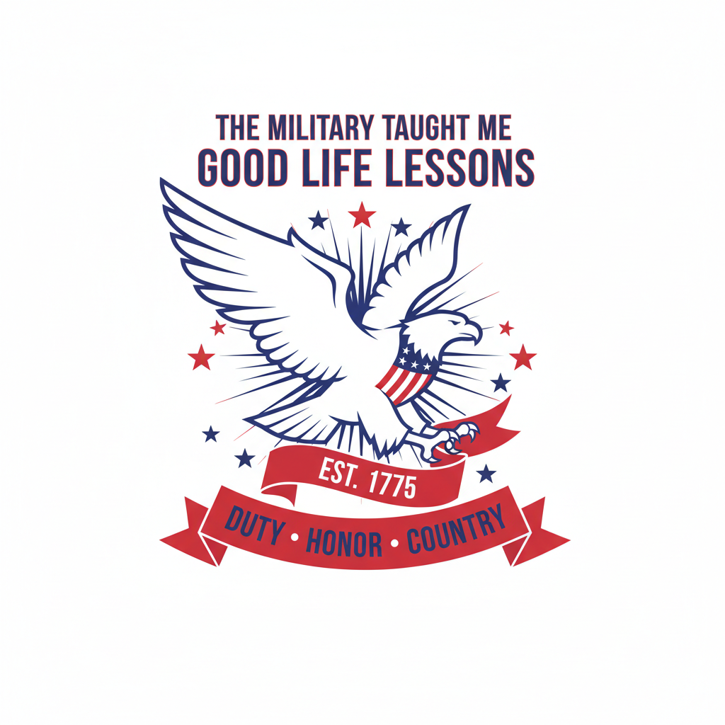 Eagle graphic with American flag, stars, and text on a white background