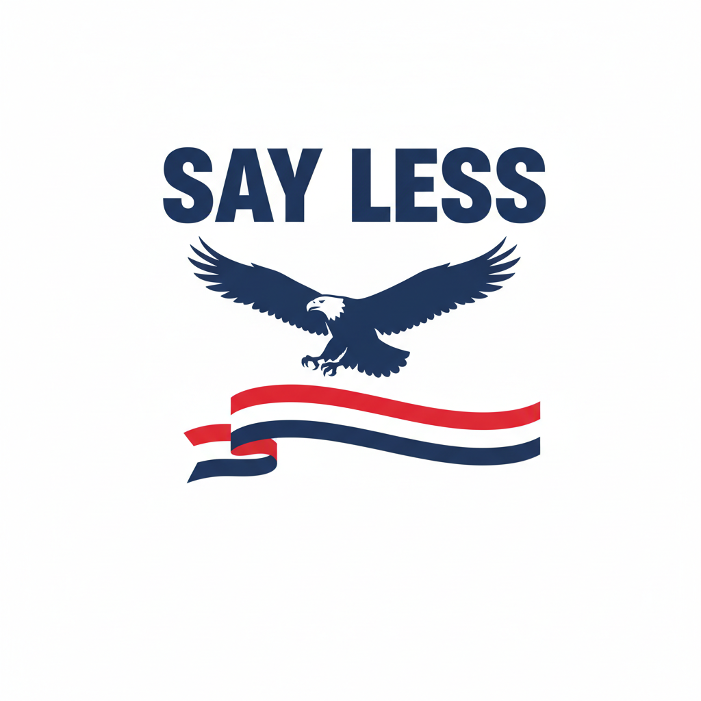 Eagle silhouette with 'SAY LESS' text on a white background